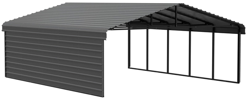 Arrow Carports Galvanized Steel Carport, with 1-Sided Enclosure, Compact Car Metal Carport Kit, 20' x 24' x 7', Charcoal