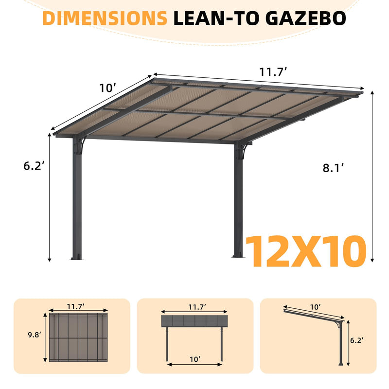 AECOJOY 12' x 10' Gazebo, Outdoor 10x12 Pergola Carport for Patio, Freestanding Lean to Hardtop Gazebo, Pergolas and Gazebos Clearance with Roof, Wall-Mounted Heavy Duty Metal Awnings for Patio, Decks