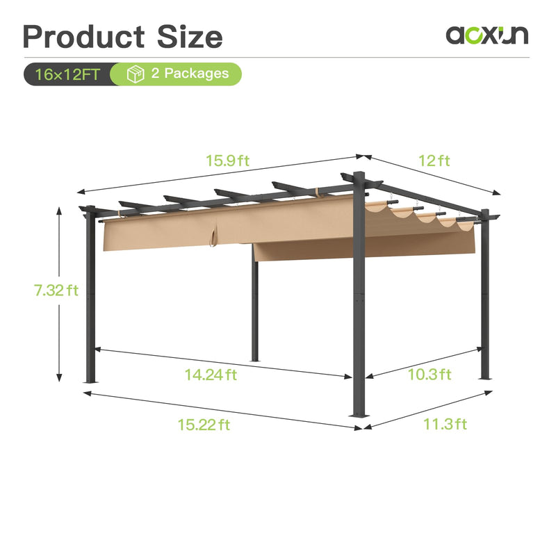 Aoxun 12x16 Outdoor Pergola, Patio Aluminum Pergola with Upgraded Retractable Canopy, Heavy Duty Metal Pergolas and Gazebos with Adjustable Sun Shade Cover for Modern Backyard, Deck, Garden