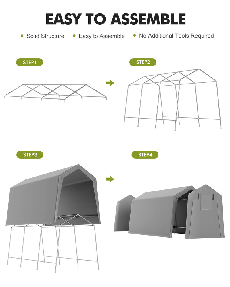 10 x 15 ft Portable Carport, Storage Shed with Heavy Duty Waterproof Tarp & 2 Roll-Up Zipper Doors, Ideal Tent for Motorcycles, Bikes, Garden Tools, and Firewood