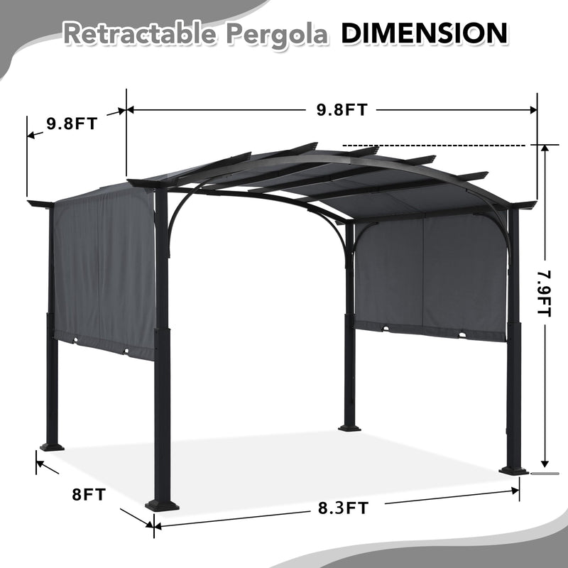 MASTERCANOPY 10x10ft Outdoor Retractable Pergola with Sun Shade Canopy Patio Metal Garden Pergola,Dark Grey