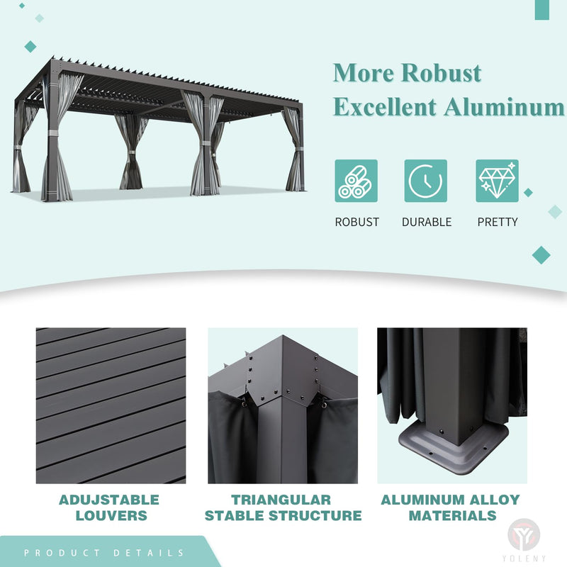 YOLENY Louvered Pergola 12x24, All Aluminum Pergola with Adjustable Rainproof Roof, Outdoor Pergola with Curtains and Nets for Patio & Garden, Dark Grey