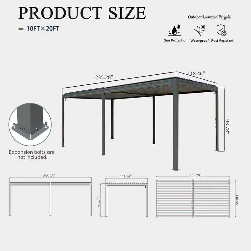 Domi Outdoor Louvered Pergola 10x20FT with Adjustable Steel Roof, Outdoor Aluminum Frame Rainproof Pergola for Backyard, Garden and Lawn,Dark Gray