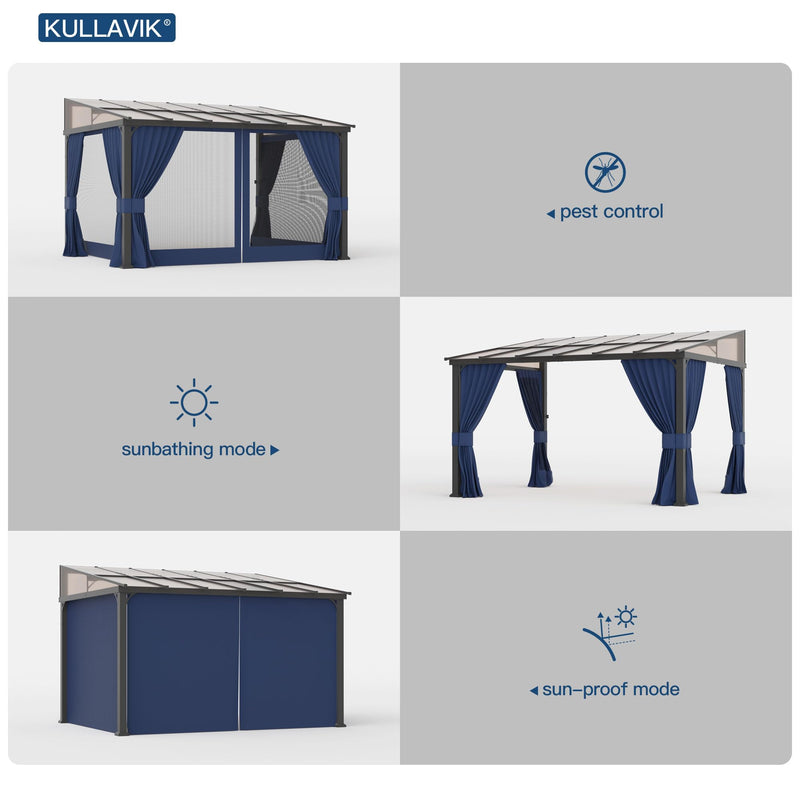 Kullavik 10' × 12' Hardtop Gazebo for Patio,Wall-Mounted Lean to Gazebo Pergola with Sloping Roof and Durable Aluminum Frame,Large Heavy Duty Awnings for Decks,Backyard,NavyBlue