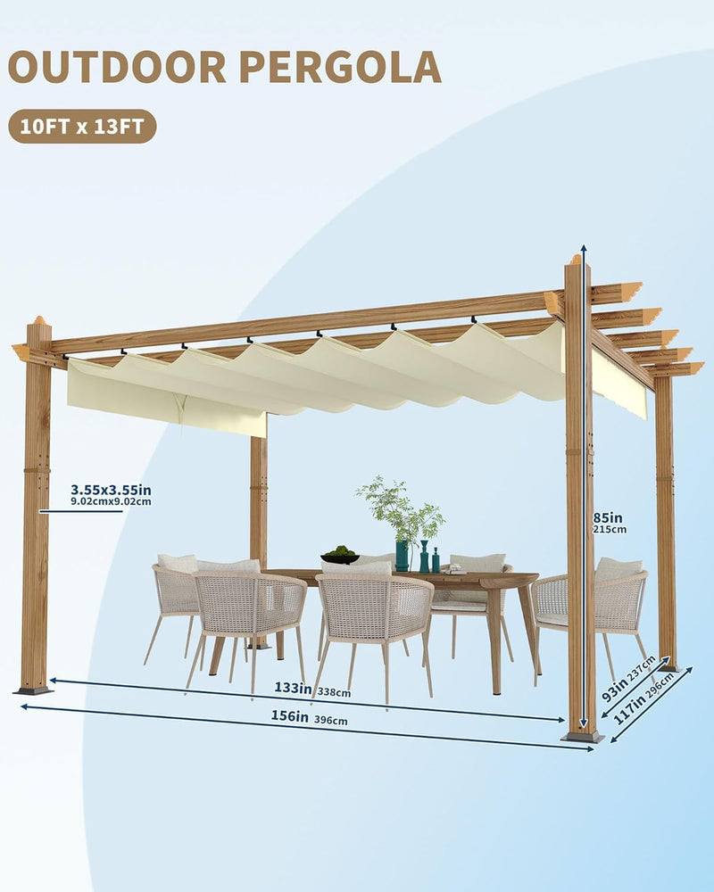IDEALHOUSE Patio Pergola, Outdoor Patio Gazebo with Retractable Sun Shade, Metal Pergola Shelter for Backyard Deck Garden (Wood-Grain, 10 x 13 FT)