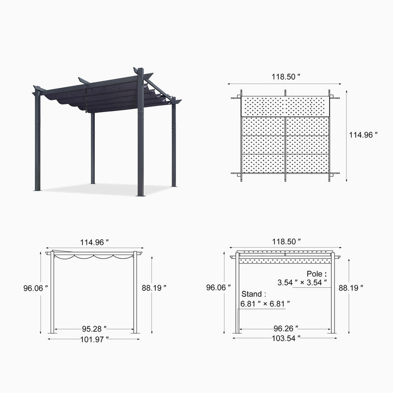 PURPLE LEAF 10' x 10' Pergola with Curtains Outdoor Retractable Pergola Patio Metal Shelter for Garden Porch Pavilion Dark Gray Frame Gazebo Modern Yard Grill Pergolas with Shade Canopy Navy Blue