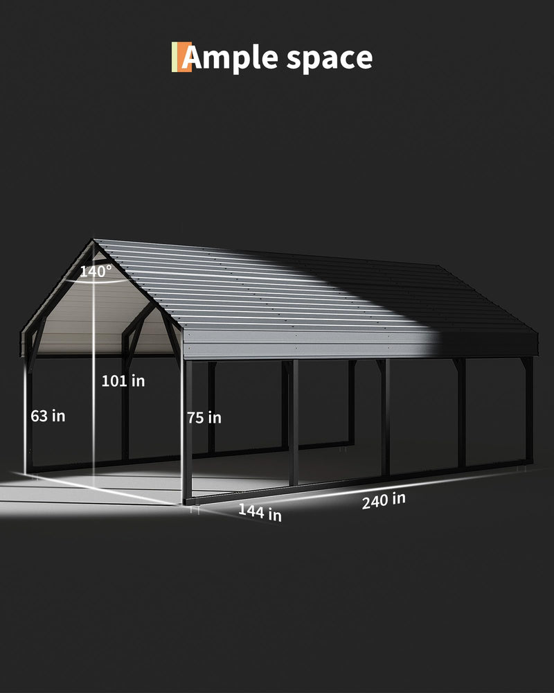 12 x 20 FT Metal Carport, Heavy Duty Carports Reinforced Frame and Steel Roof, All-Weather Shelter Canopy for Pickups, Boats, Cars, and Tractors