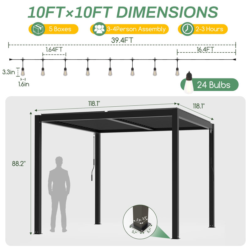 LVUYOYO Outdoor Louvered Pergola 10' x 10' with LED String Lights, Aluminum Pergola with Adjustable Roof, Waterproof Metal Gazebo for Patio, Backyard, Garden, Deck (10x10FT with Lights)