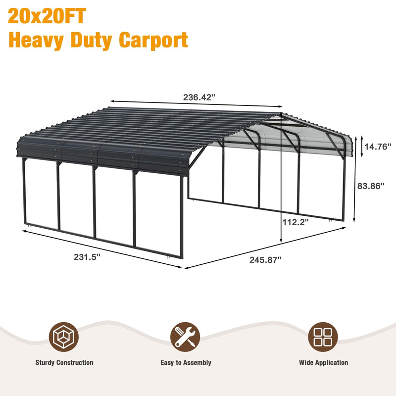 EBE 20' x 20' Metal Carport, Outdoor Heavy Duty Carport with Galvanized Steel Roof and Enhanced Metal Frame Structure, Garage Car Shelter Shade for SUV Trucks and Boats