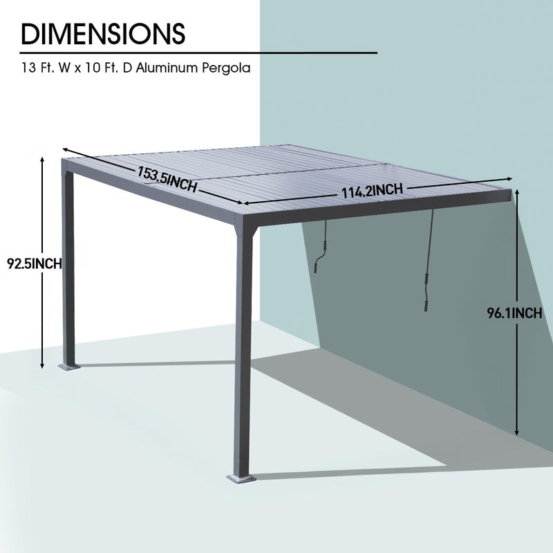BPS 13 x 10 ft. Outdoor Aluminum Wall Mounted Louvered Pergola Waterproof Gazebo Sun Shade Shelter with 2 Adjustable Rainproof Panels for Patio, Garden, Backyard Lawn & Garden - Dark Gray