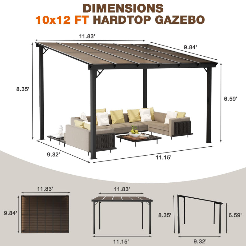 EBE 12' x 10' Wall Mounted Gazebo on Clearance, Lean to Gazebo Pergola with Sloped Roof, for Patio, Porch, Deck