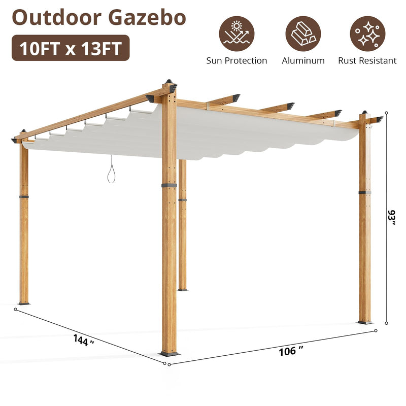 10x13 Ft Outdoor Retractable Pergola with Sun Shade Canopy, Heavy-Duty Aluminum Canopy Pergola Kits for Backyard, Faux Wood Grain Metal Patio Gazebo for Garden, Porch Beach, Grape Trellis - Beige