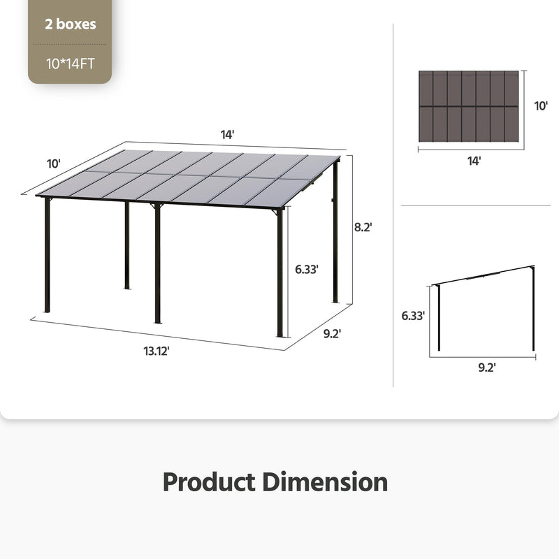 LAUSAINT HOME 10'×14' Gazebo for Patio, Lage Wall Mounted Lean to Outdoor Pergola with Roof(140 Sq.Ft Shaped), Hard Top Heavy Duty Awnings for Decks, Backyard, Garden, Grills (Dark, 10'x14')