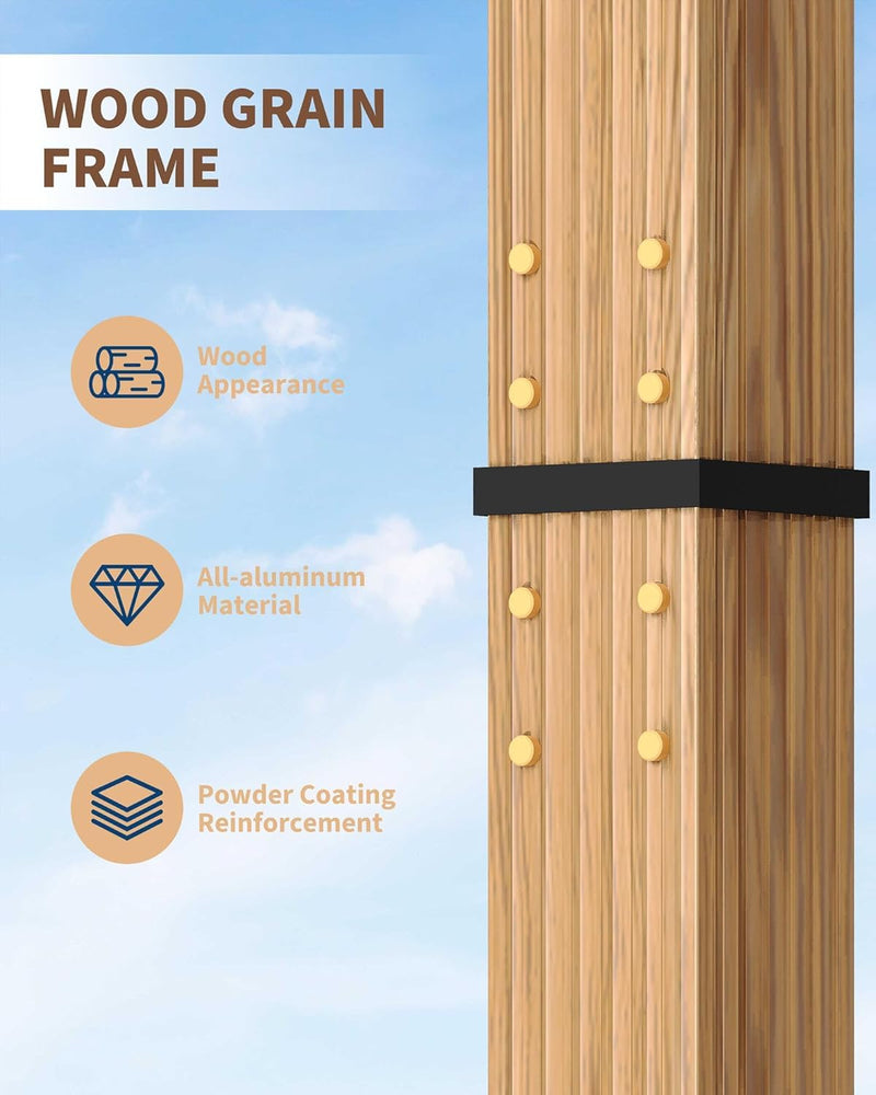 IDEALHOUSE Patio Pergola, Outdoor Patio Gazebo with Retractable Sun Shade, Metal Pergola Shelter for Backyard Deck Garden (Wood-Grain, 10 x 13 FT)