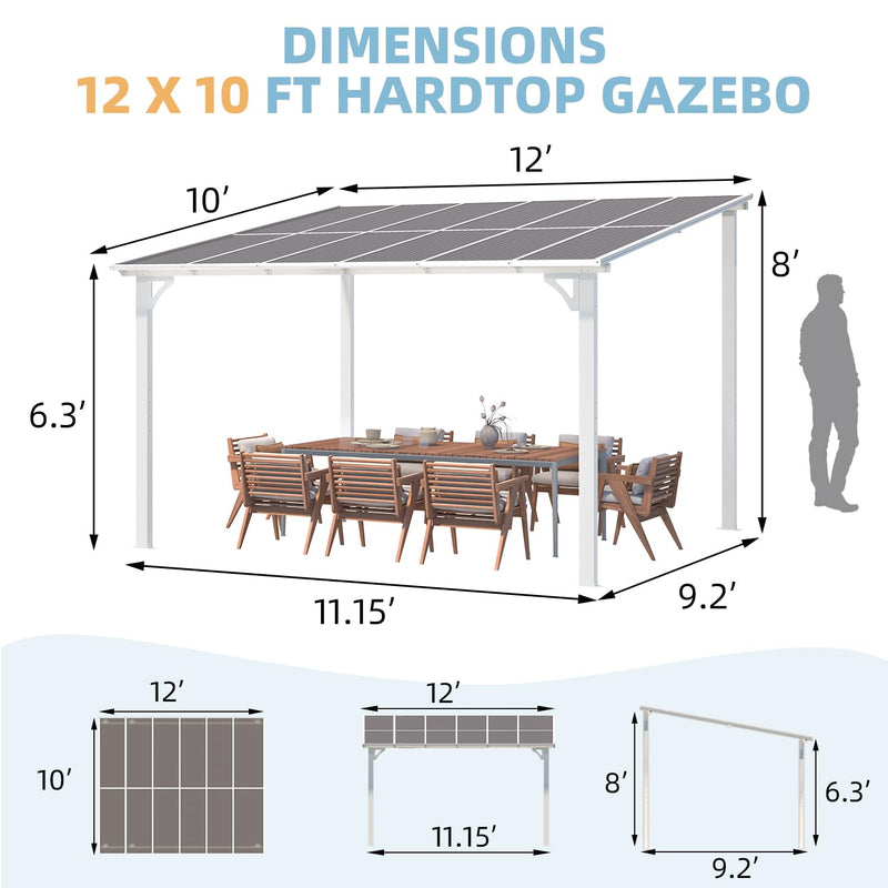 AECOJOY 12' x 10' White Pergola Gazebo, Large Wall Mounted Pergolas and Gazebos on Clearance, Outdoor Patio Lean to Hard Top Gazebo Metal Awnings for Decks,Patio, Porch, Backyard and More