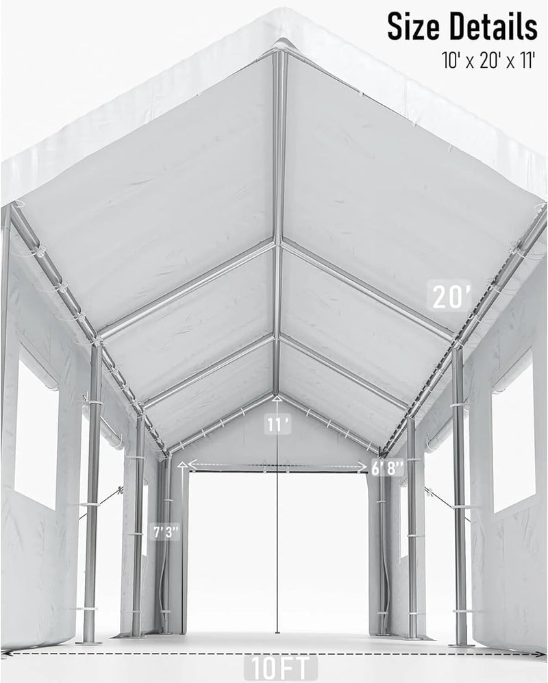IDEALHOUSE 10x20ft Heavy Duty Carport with Roll-Up Windows - Portable Garage with Removable Sidewalls & Doors, All-Season Tarp Shelter for Cars, Trucks, Boats & Motorcycles (White)