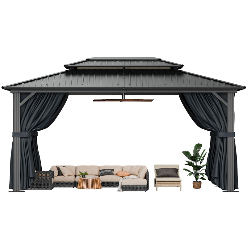 HOTEEL 10x15 Hardtop Gazebo with Heavy Duty Galvanized Steel Double Roof, Aluminum Frame, Flame-Resistant Curtains and Netting, Outdoor Permanent Pavillon for Backyard, Black