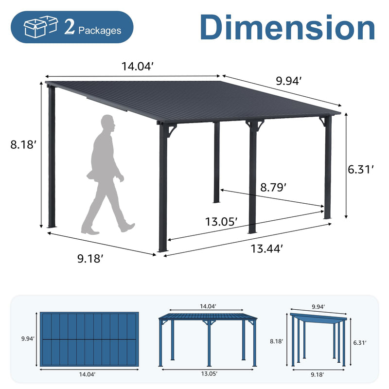 COBANA 10' x 14' Large Gazebo, Hardtop Wall Mounted Lean to Gazebo Pergola with Metal Roof for Patio, Deck, Backyard