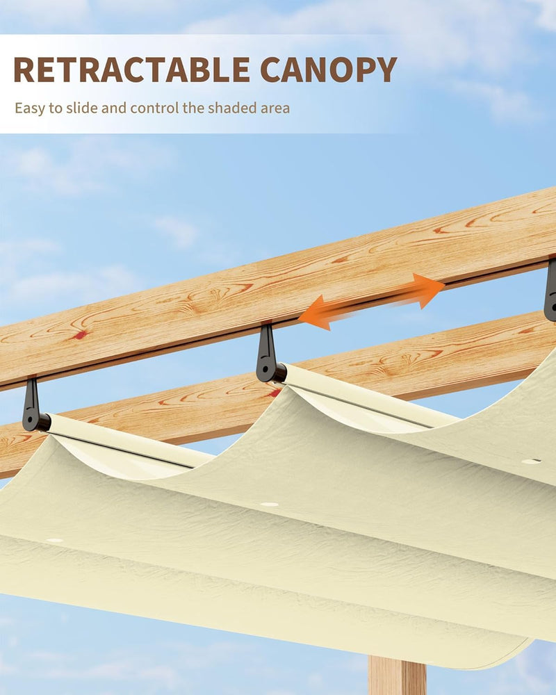 IDEALHOUSE Patio Pergola, Outdoor Patio Gazebo with Retractable Sun Shade, Metal Pergola Shelter for Backyard Deck Garden (Wood-Grain, 10 x 13 FT)