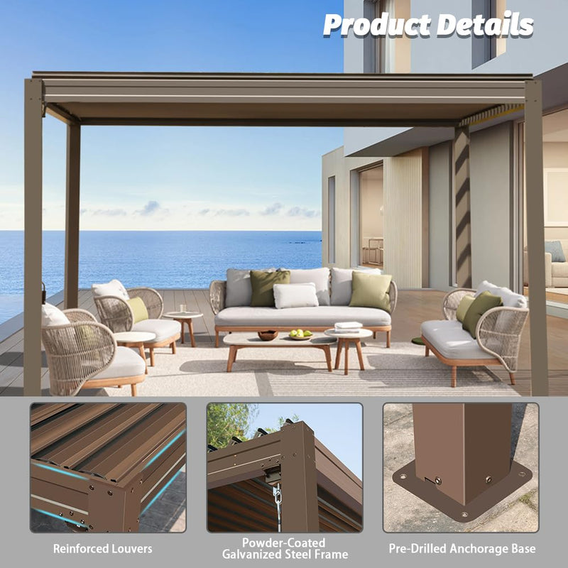 Domi Louvered Pergola 10' x 10' Outdoor Aluminum Pergola with Adjustable Roof, Aluminum Frame, Efficient Drainage System for Patio, Deck, Garden, Brown