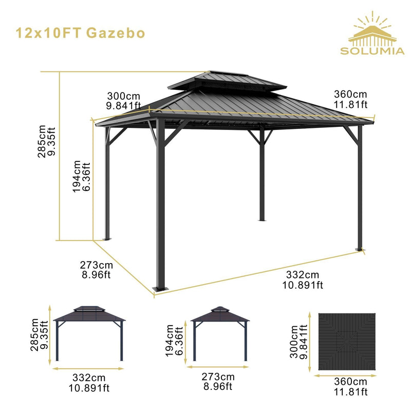 SOLUMIA 10’x12’ Hardtop Gazebo, Galvanized Steel Double Roof Canopy with Aluminum Frame, Outdoor Pavilion with Nettings and Curtains