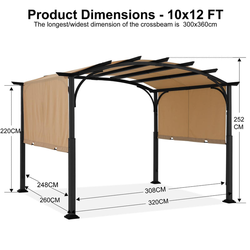 ABCCANOPY Outdoor Pergola 10'x12', Arched Patio Gazebo with Retractable Sun Shade, Beige