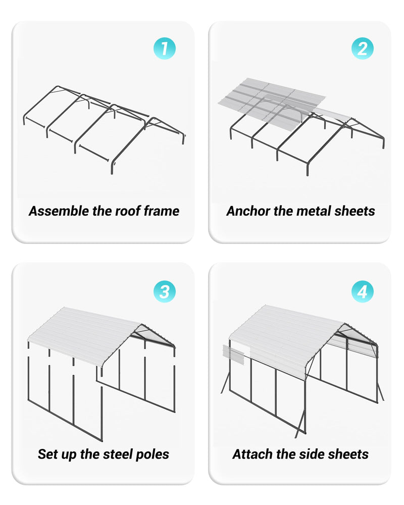Metal Carport 13× 16 FT, Heavy Duty Carport Reinforced Frame and Steel Roof, All-Weather Shelter for Pickups, Boats, Cars, and Tractors