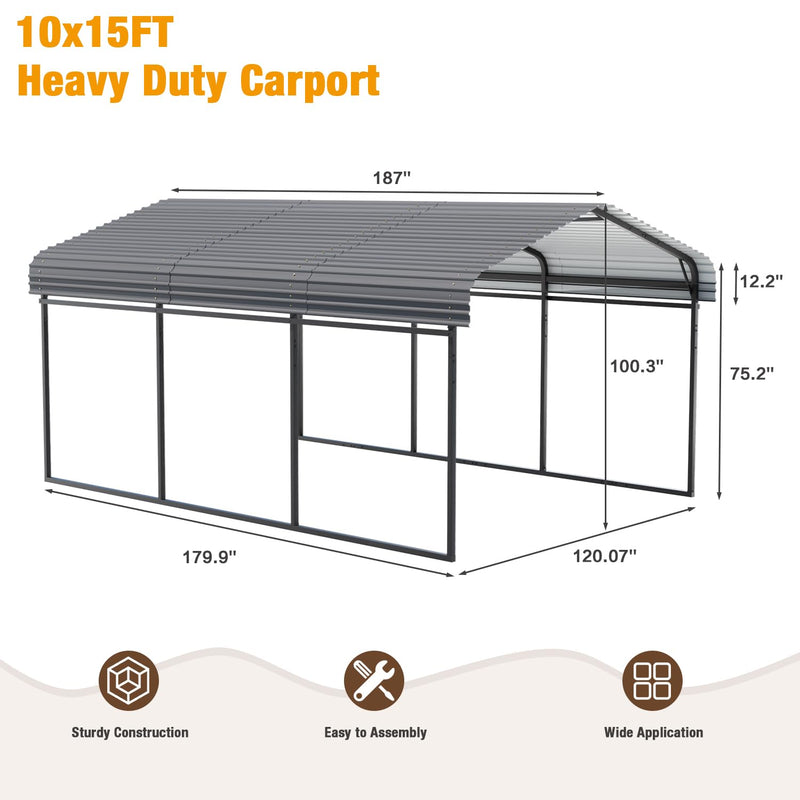 EBE 10 x 15 FT Metal Carport, Heavy Duty Carports with Galvanized Steel Roof, Outdoor Carport Canopy Garage Shelter Shade for Car, SUV, Truck, Boats and Tractors