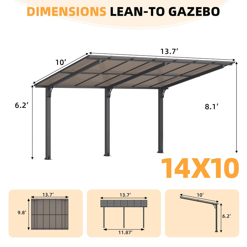 AECOJOY 14' x 10' Gazebo for Patio, Hard Top Lean to Gazebo Pergola Carport, Freestanding Shelter Pergolas and Gazebos Clearance with Patio Roof, Wall-Mounted Heavy Duty Awnings for Patio, Decks