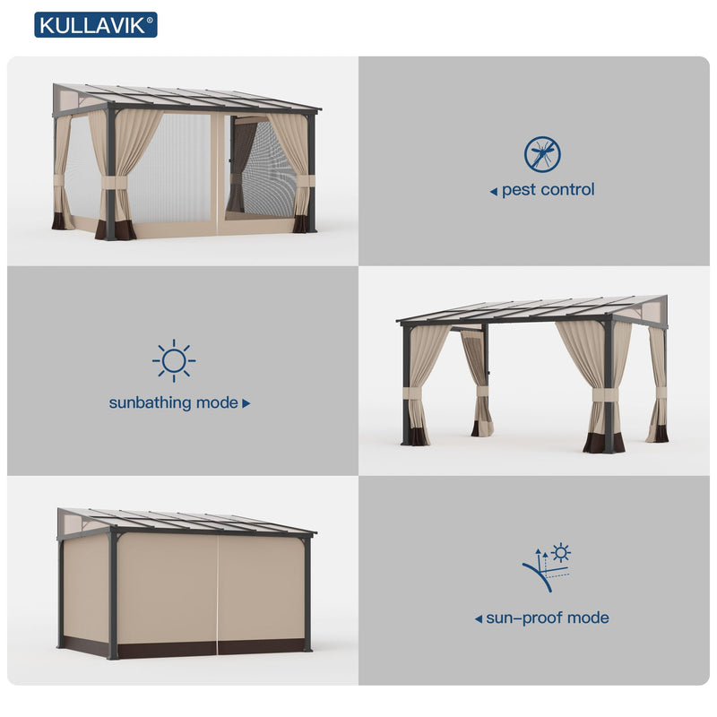 Kullavik 10' × 28' Hardtop Gazebo for Patio,Wall-Mounted Lean to Gazebo Pergola with Sloping Roof and Durable Aluminum Frame,Large Heavy Duty Awnings for Decks,Backyard,Sand