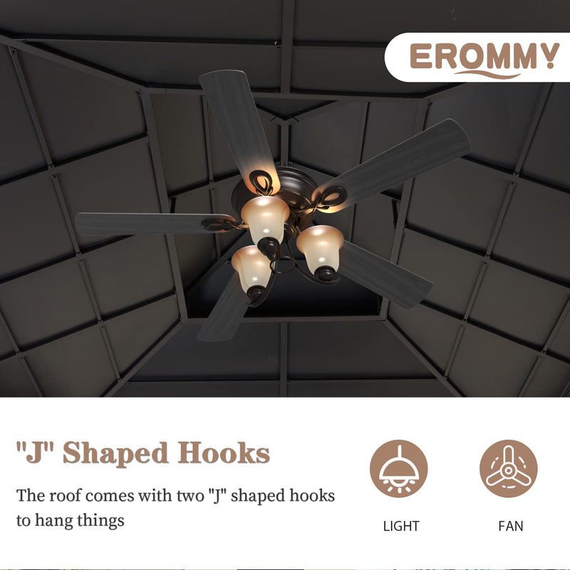 EROMMY 12'x14' Hardtop Gazebo, Double Roof Metal Canopy with Aluminum Frame, Netting and Shaded Curtains Included Permanent Outdoor Pavilion Gazebos for Patio, Backyard, Deck and Lawns