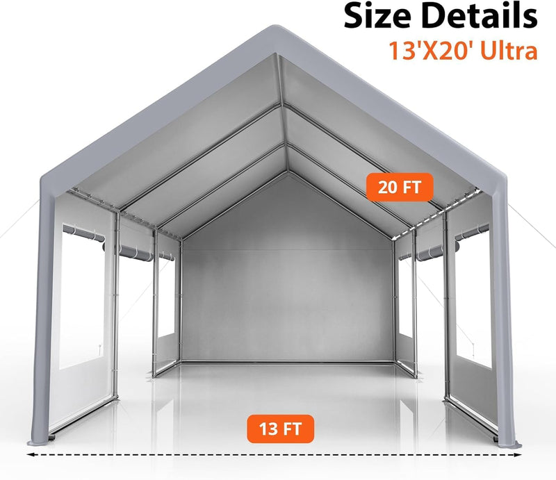 Klysiora 13x20 Ft. Metal Carport Garage with PE Fabric and Galvanized Steel Frame Outdoor Shelter for Cars, Trucks and Boats with 4 Doors and Mesh Windows for Ventilation - Grey