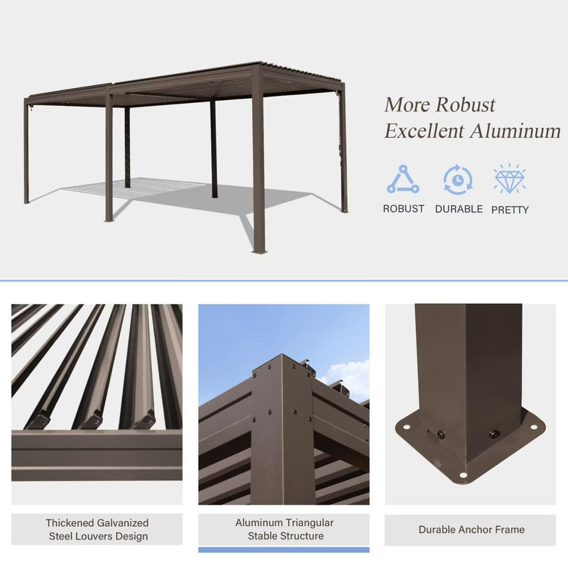 Domi Outdoor Louvered Pergola 10x20FT with Adjustable Steel Roof, Outdoor Aluminum Frame Rainproof Pergola for Backyard, Garden and Lawn,Brown