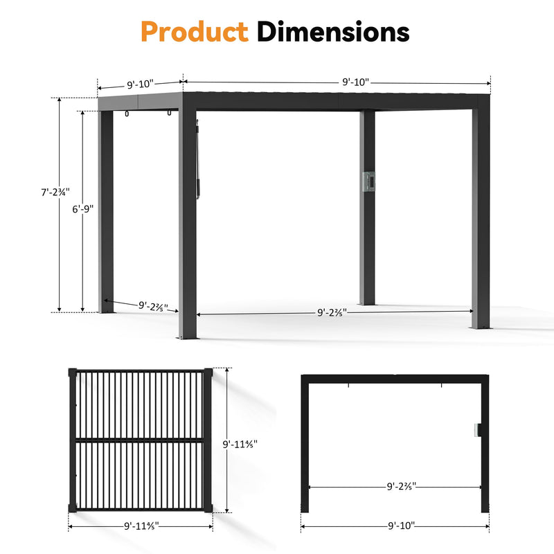 Modern Shade Aurora Louvered Pergola 10'x10' with USB Charging Port Deck, Outdoor Pergola with Adjustable Waterproof Roof & Integrated Drainage, Reinforced Frame for Patio Deck, Easy Assembly, Black