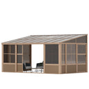 EROMMY 10' x 16' Sunroom, Wall Mounted Gazebo Solarium with Drainage Trough, Polycarbonate Roof, Lean to pergola for Garden, Permanent Sun Room with Lockable Sliding Doors, Brown