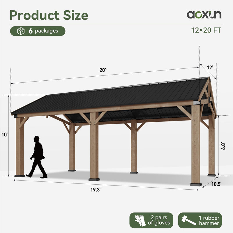 Aoxun 12' x 20' Outdoor Wood Gazebo, Hardtop Gazebo Permanent Wooden Pavilion with Galvanized Steel Gable Roof, for Patio, Garden, Deck, Cedar Wood