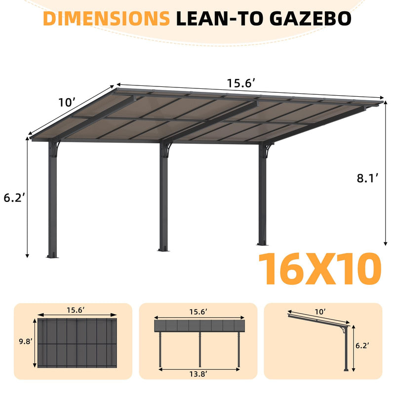 AECOJOY 16' x 10' Gazebo Outdoor Pergola for Patio,10x16 Pergola Carport, Freestanding Lean to Hardtop Gazebo, Pergolas and Gazebos Clearance with Roof, Wall-Mounted Heavy Duty Awnings for Patio