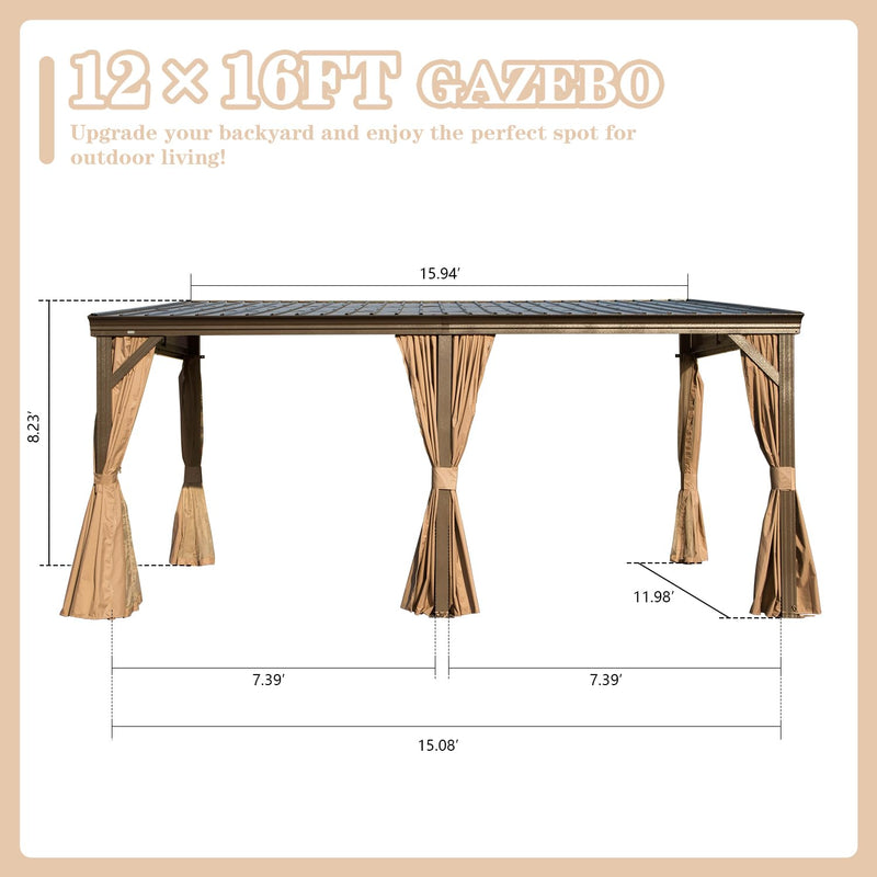 Domi 12x16FT Wall-Mounted Hardtop Gazebo, Aluminum Lean to Gazebo with Galvanized Steel Sloping Roof, Curtains & Netting for Outdoor Patio, Deck, Backyard, Garden Parties