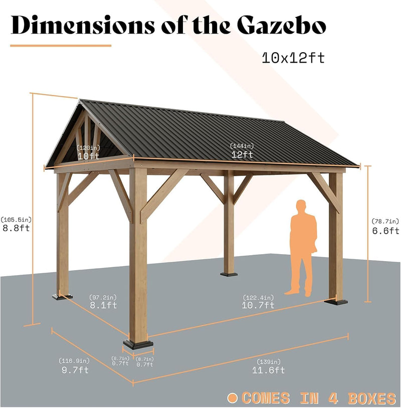 LUXOAK 10x12 ft Wood Gazebo, Hardtop Pergola with Steel Gable Roof, Outdoor Gazebo with Guest House for Garden, Porch, Patio, Black + Natural Wood