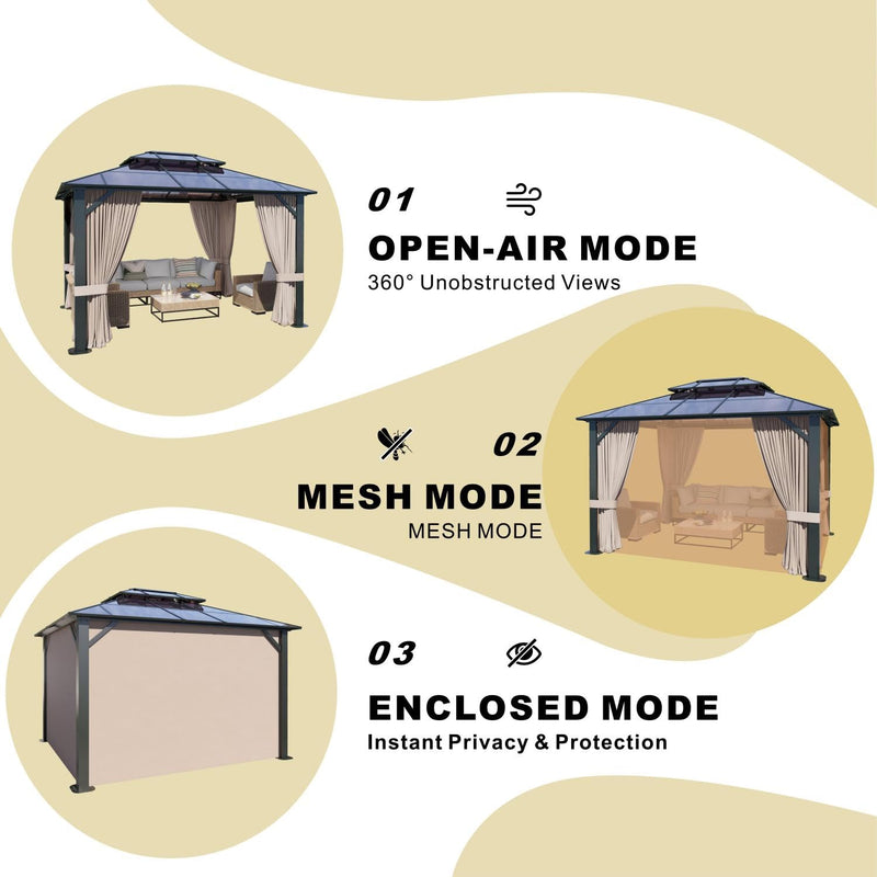 SOLUMIA 10’x12’ Hardtop Gazebo, Double Roof Patio Pergola with Polycarbonate Panels, Aluminum Frame, Outdoor Canopy with Netting for Backyard, Garden, and Deck – Durable & UV-Resistant