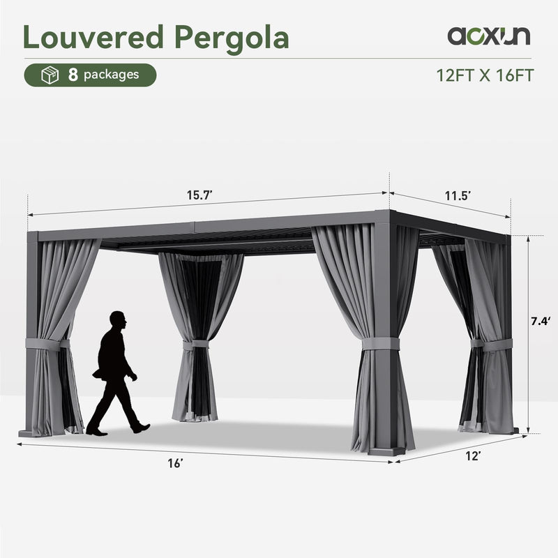 Aoxun Louvered Pergola 12' x 16' Outdoor Aluminum Pergola with Adjustable Top for Decks, Gardens and Backyards, Gray