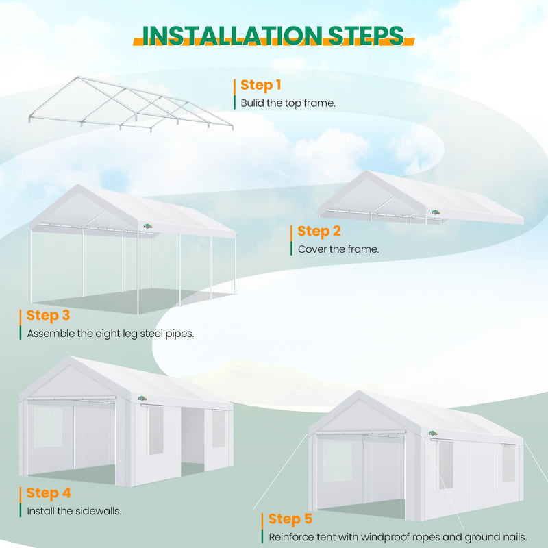 COBIZI Carport Canopy 12x20 Heavy Duty Portable Garage with Removable Sidewalls & Doors, Galvanized Frame Car Port Canopy Tent with Built-in Sandbags & All-Season Tarp for Car Boat Truck, White