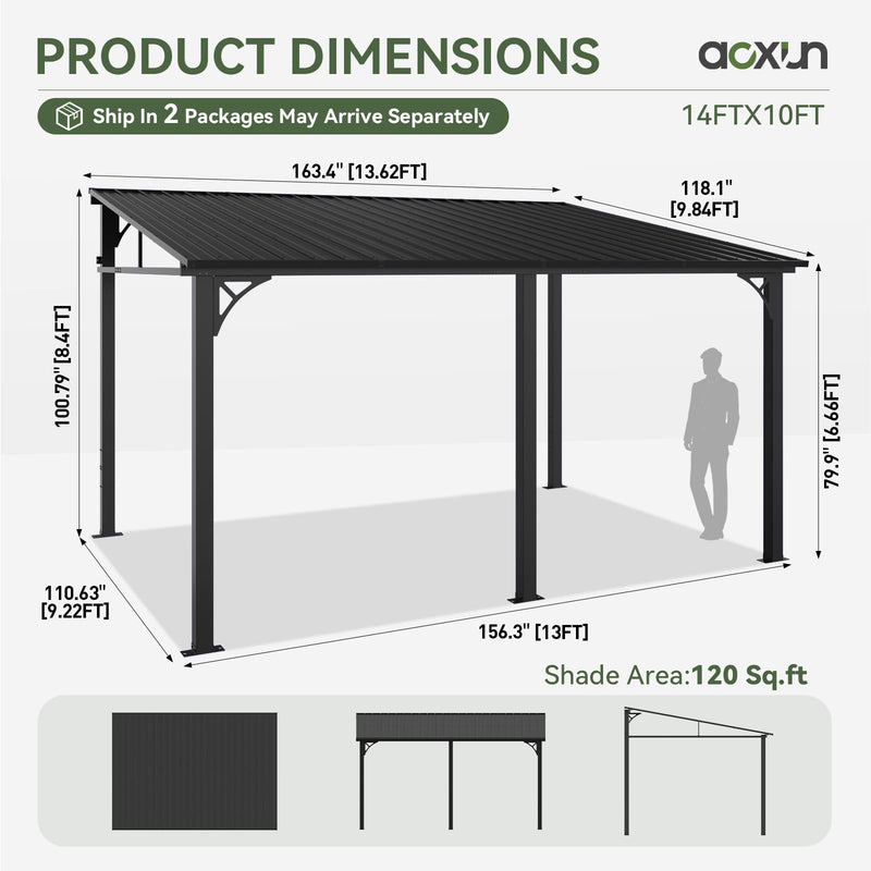 Aoxun 10' x 14' Lean to Gazebo, Upgraded Hardtop Outdoor Pergola with Sloping Galvanized Steel Roof, Large Wall-Mounted Heavy Duty Awnings for Patio, Backyard, Deck, Porch (Black)