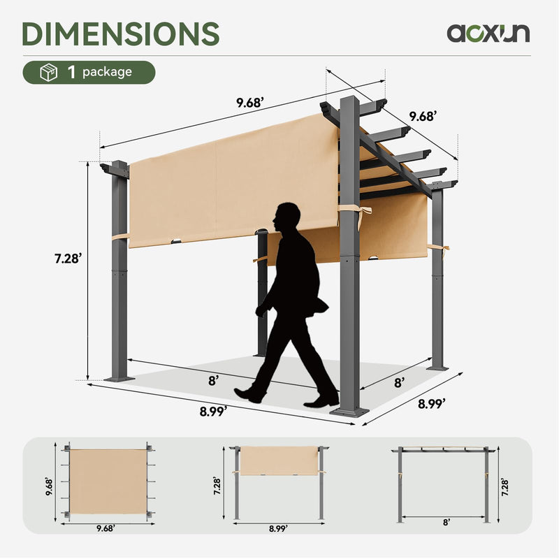 Aoxun 10'x10' Outdoor Pergola, Heavy-Duty Aluminum Pergola Patio, Modern Pergola with Retractable Sun Shade Canopy for Garden, Deck and Backyard