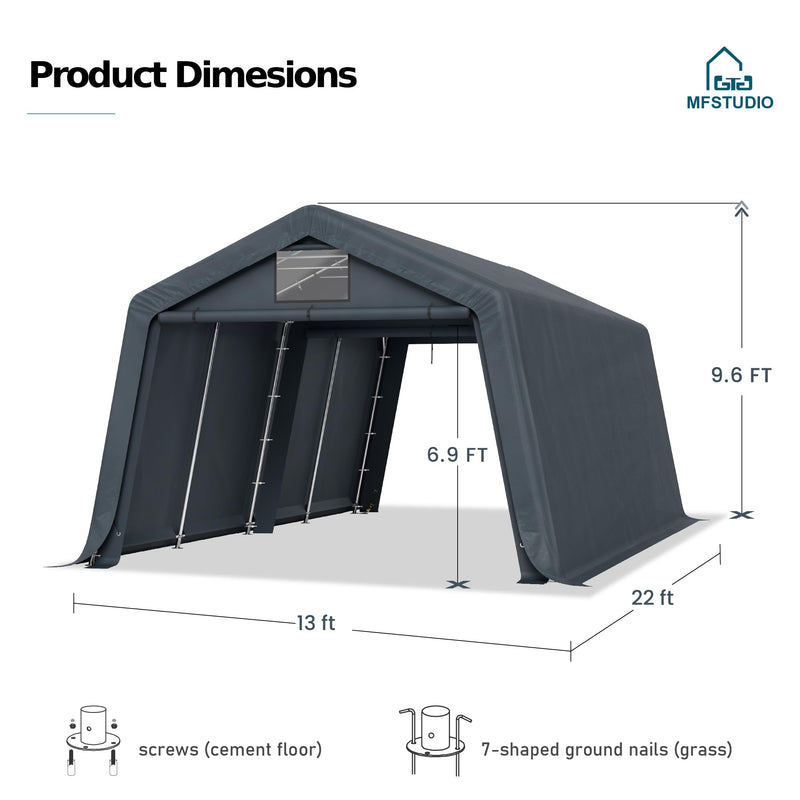 MFSTUDIO Outdoor Carport 13x22 ft, Portable Storage Sheds Shelter Garages Heavy Duty Canopy with Rolled up Zipper Doors, Outside Utility Shed Garage Tent for Boat,Patio Furniture and Tools