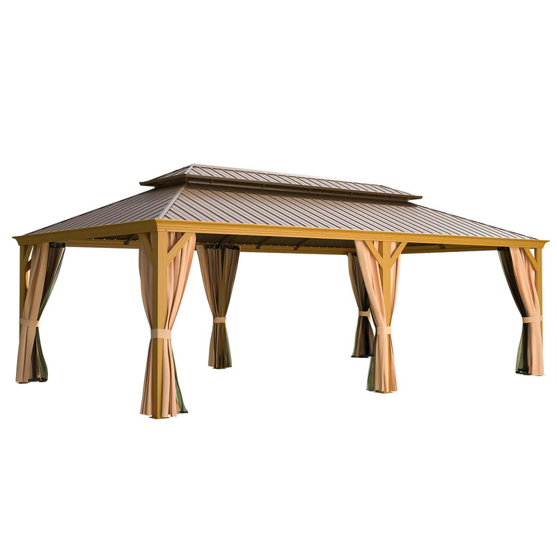 YOLENY 14'x24' Gazebo, Wooden Finish Coated Aluminum Frame Pergola with Double Galvanized Steel Hardtop Roof, Outdoor Permanent Metal Pavilion with Curtains and Nettings for Patio, Backyard and Deck
