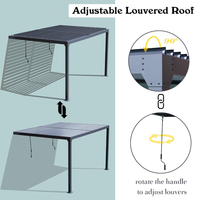 BPS 13 x 10 ft. Outdoor Aluminum Wall Mounted Louvered Pergola Waterproof Gazebo Sun Shade Shelter with 2 Adjustable Rainproof Panels for Patio, Garden, Backyard Lawn & Garden - Dark Gray