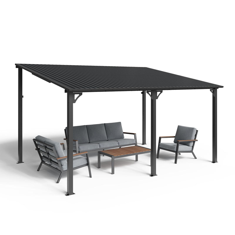SUNSITT 10'x 14' Gazebo, Outdoor Lean to Gazebo Pergola w/Drainage Holes, Wall-Mounted Gazebo with Hard Top Metal Awnings for Patio Backyard Deck, Dark Grey