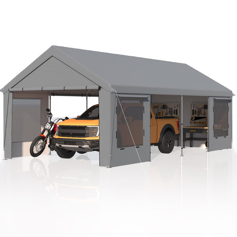 EROMMY 12' x 24' Heavy Duty Carport，Portable Garage with UV Protection & Steel Frame, Car Port with Removable Sidewalls, All-Season Car Canopy for Tractor, Truck, Boat, Outer Gray and Inner White