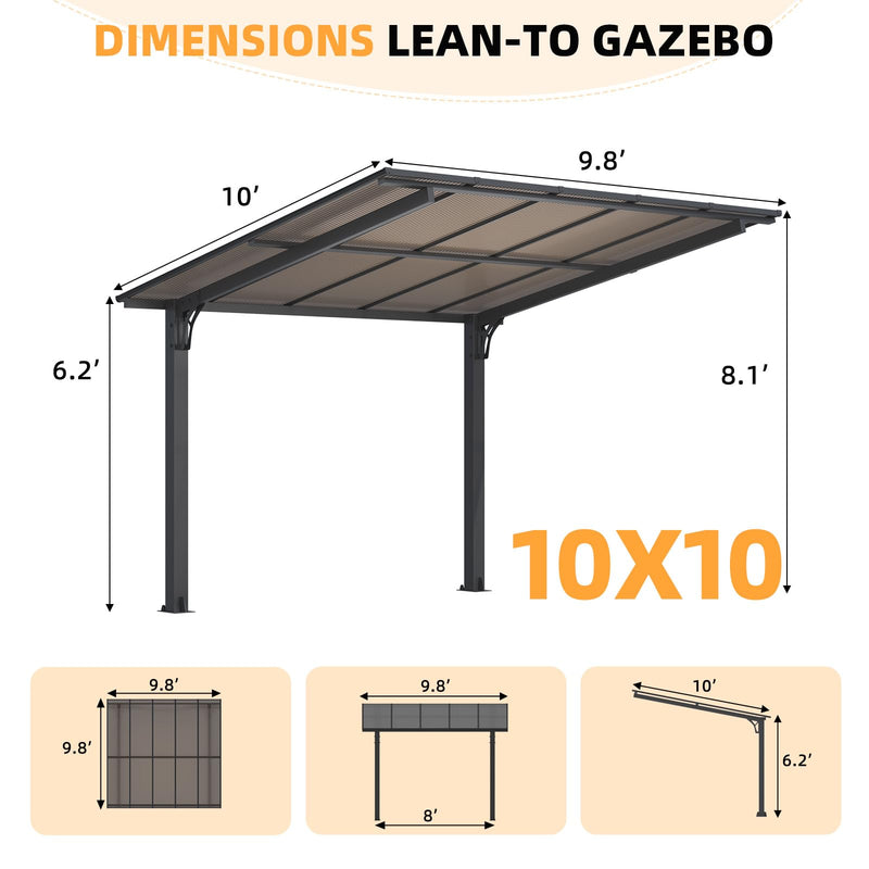 AECOJOY 10' x 10' Gazebo on Clearance, Outdoor Pergola Carport for Patio, Freestanding Lean to Hard Top Pergolas and Gazebos Clearance with Roof, Wall-Mounted Heavy Duty Awnings for Patio, Decks